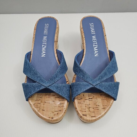 NEW Stuart Weitzman Carmen Midi Sandal Womens 8.5 Denim Cork Platform Wedge - Picture 4 of 12